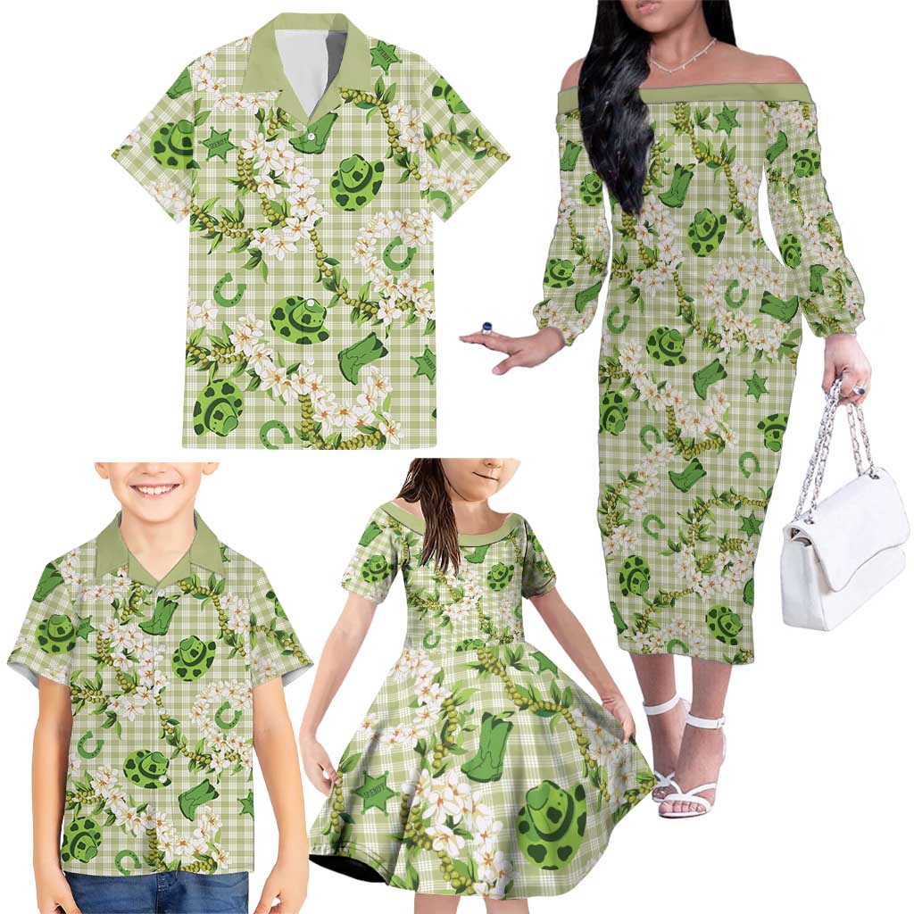 Mokihana Maile Ilima Leis Paniolo Palaka Family Matching Off The Shoulder Long Sleeve Dress and Hawaiian Shirt Hawaiian Omaomo Ala Spirit - Polynesian Pride