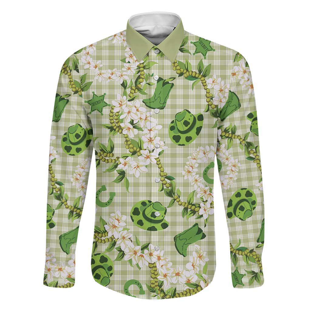 Mokihana Maile Ilima Leis Paniolo Palaka Family Matching Puletasi and Hawaiian Shirt Hawaiian Omaomo Ala Spirit LT9 Dad's Shirt - Long Sleeve Green - Polynesian Pride