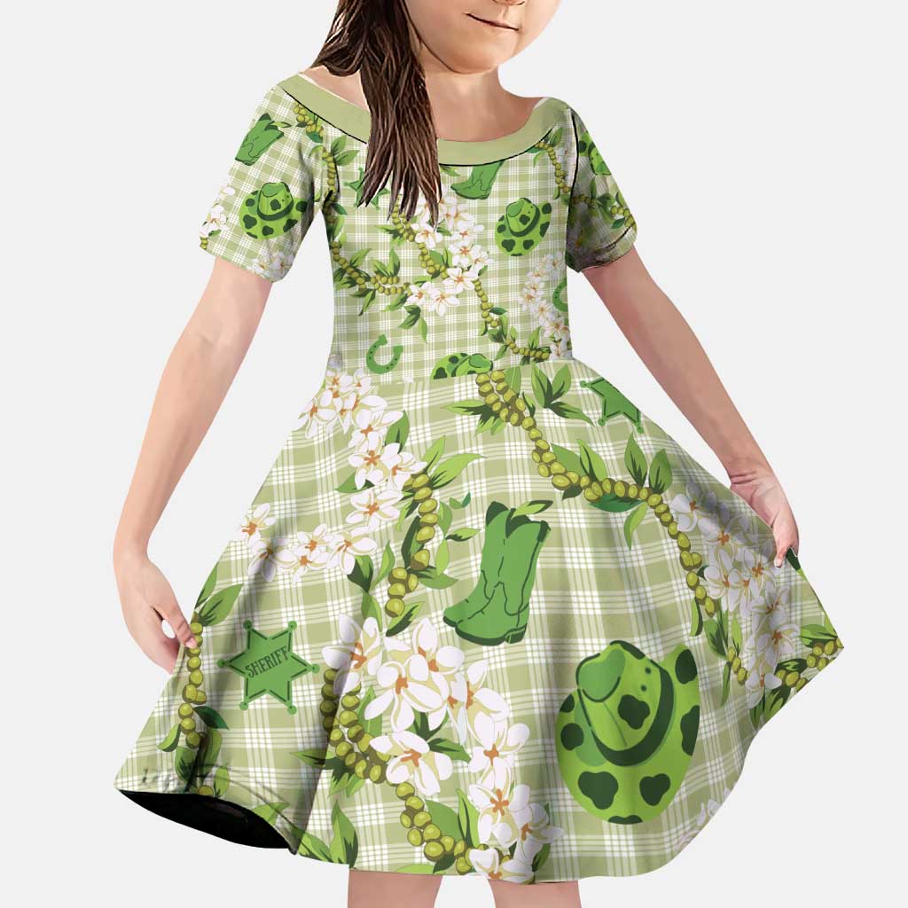 Mokihana Maile Ilima Leis Paniolo Palaka Family Matching Summer Maxi Dress and Hawaiian Shirt Hawaiian Omaomo Ala Spirit LT9 Daughter's Dress Green - Polynesian Pride