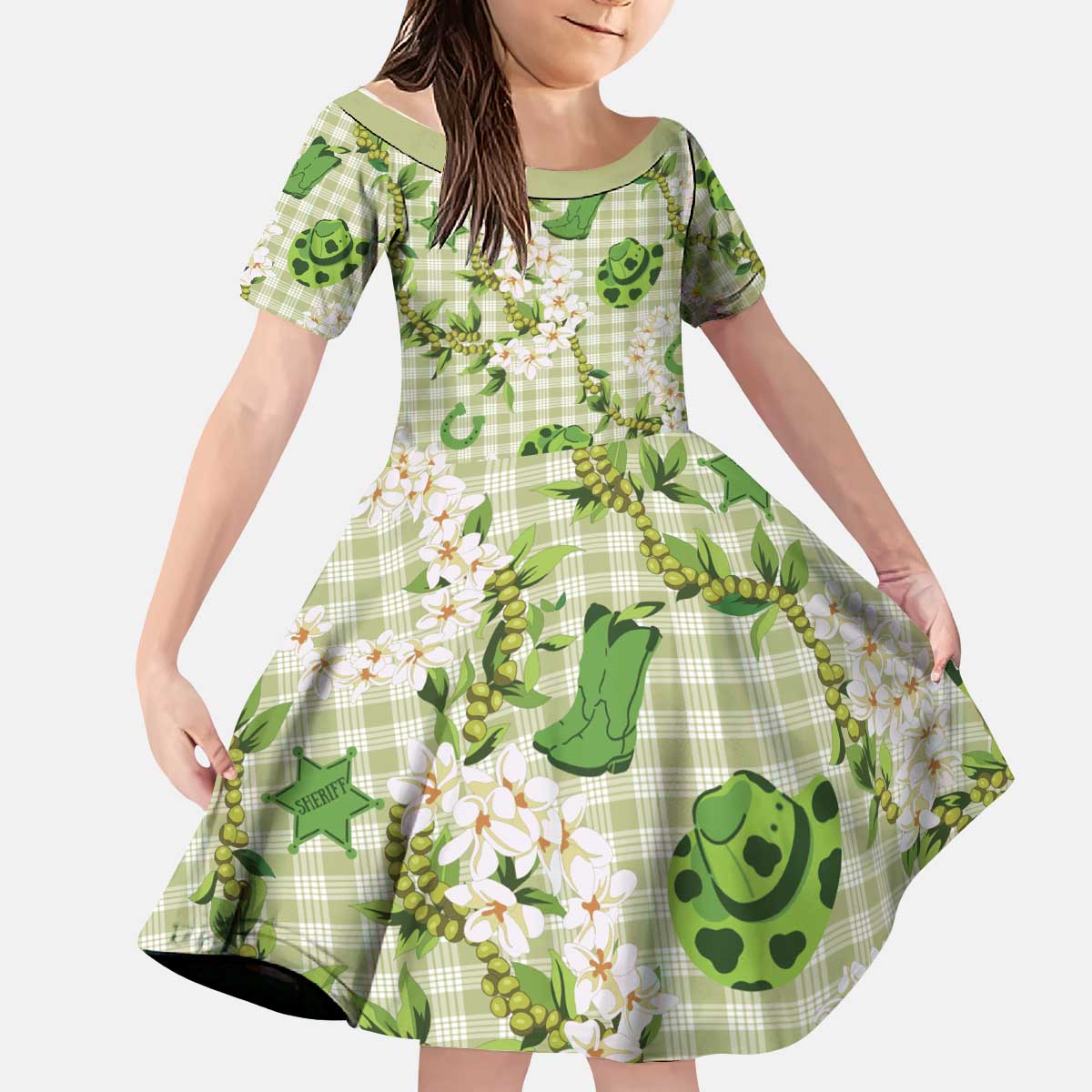 Mokihana Maile Ilima Leis Paniolo Palaka Kid Short Sleeve Dress Hawaiian Omaomo Ala Spirit LT9 KID Green - Polynesian Pride
