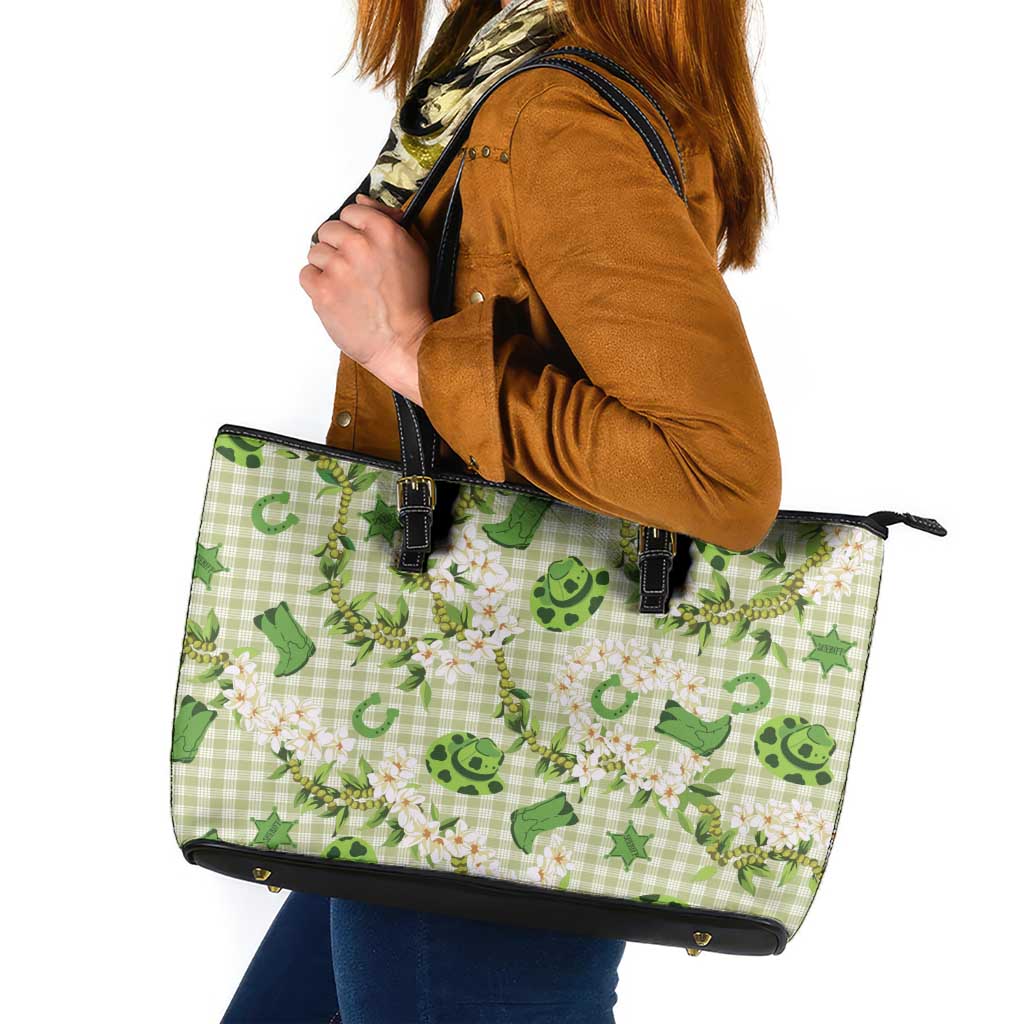 Mokihana Maile Ilima Leis Paniolo Palaka Leather Tote Bag Hawaiian Omaomo Ala Spirit LT9 Green - Polynesian Pride