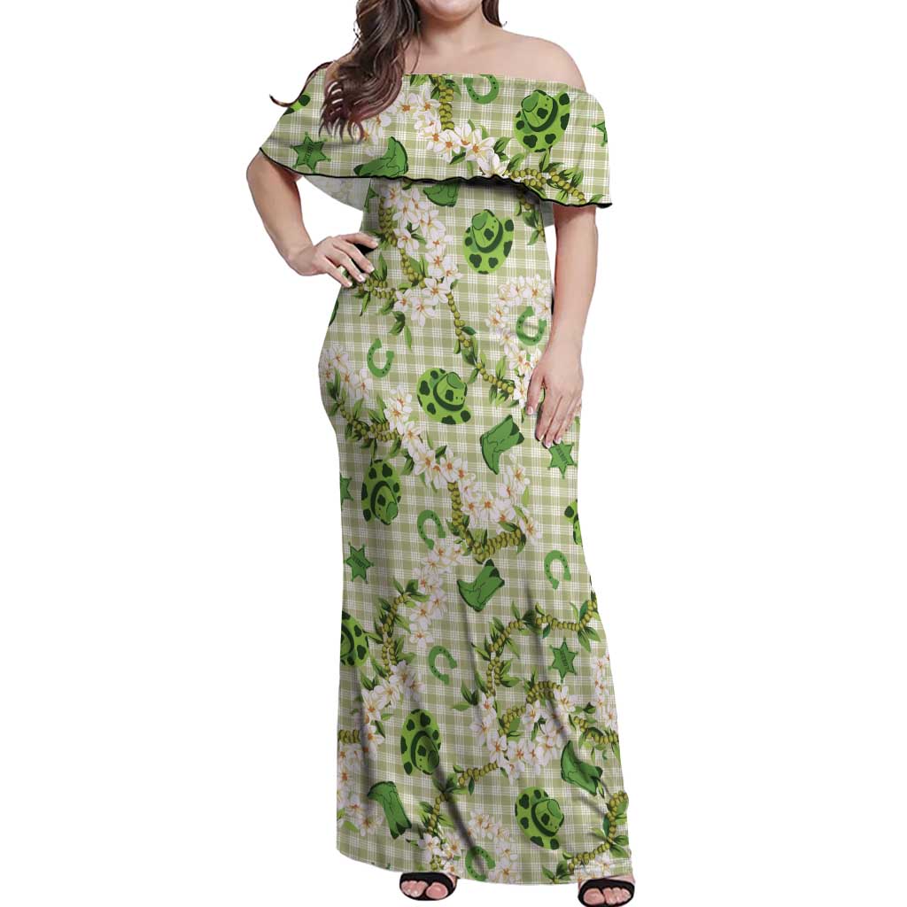 Mokihana Maile Ilima Leis Paniolo Palaka Off Shoulder Maxi Dress Hawaiian Omaomo Ala Spirit LT9 Women Green - Polynesian Pride