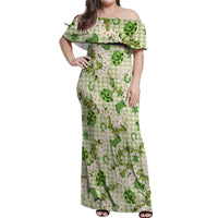 Mokihana Maile Ilima Leis Paniolo Palaka Off Shoulder Maxi Dress Hawaiian Omaomo Ala Spirit LT9 Women Green - Polynesian Pride