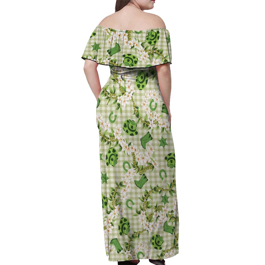 Mokihana Maile Ilima Leis Paniolo Palaka Off Shoulder Maxi Dress Hawaiian Omaomo Ala Spirit LT9 - Polynesian Pride