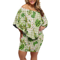 Mokihana Maile Ilima Leis Paniolo Palaka Off Shoulder Short Dress Hawaiian Omaomo Ala Spirit LT9 Women Green - Polynesian Pride