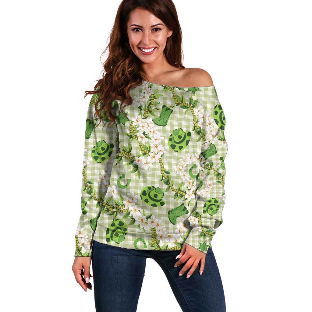 Mokihana Maile Ilima Leis Paniolo Palaka Off Shoulder Sweater Hawaiian Omaomo Ala Spirit LT9 Women Green - Polynesian Pride