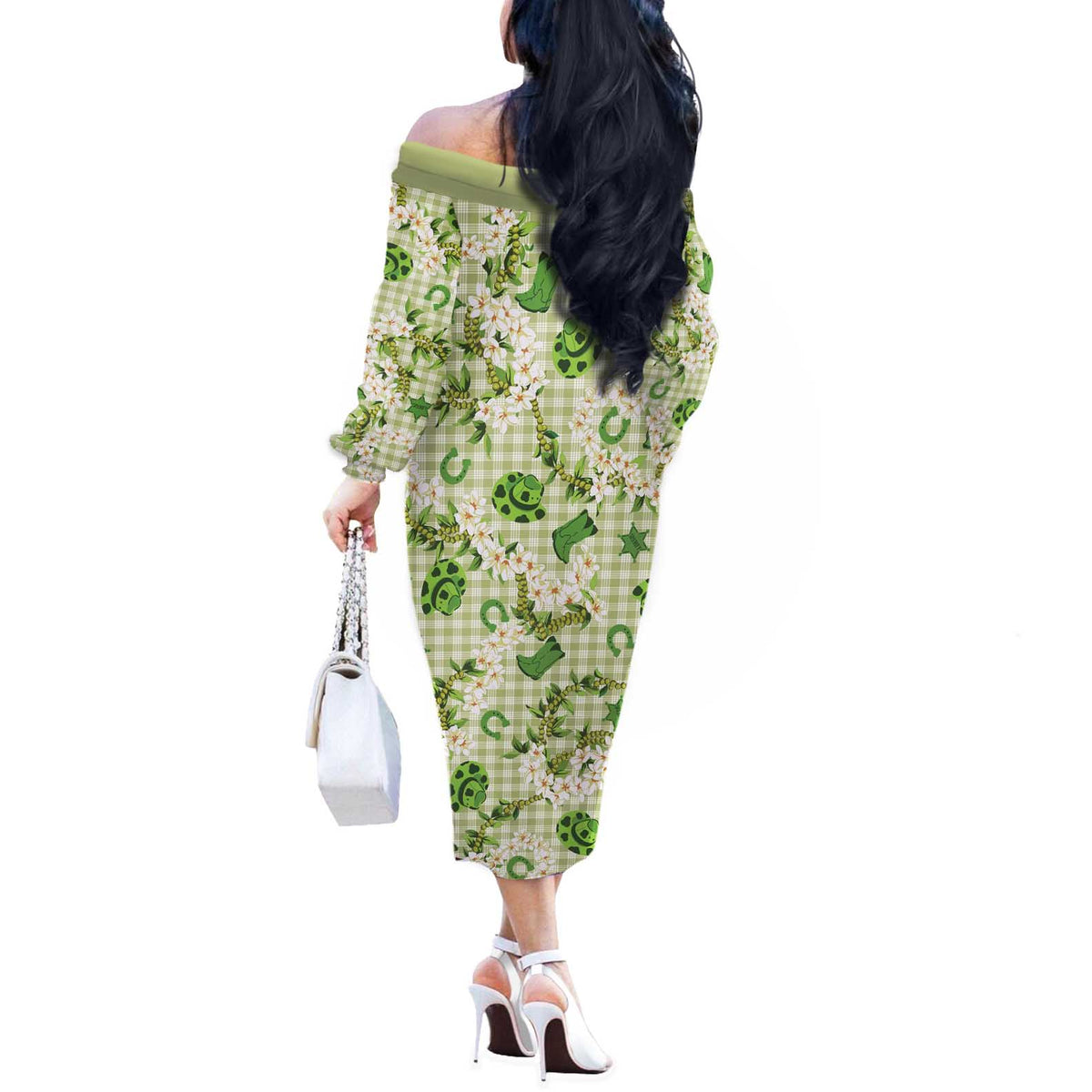 Mokihana Maile Ilima Leis Paniolo Palaka Off The Shoulder Long Sleeve Dress Hawaiian Omaomo Ala Spirit LT9 - Polynesian Pride