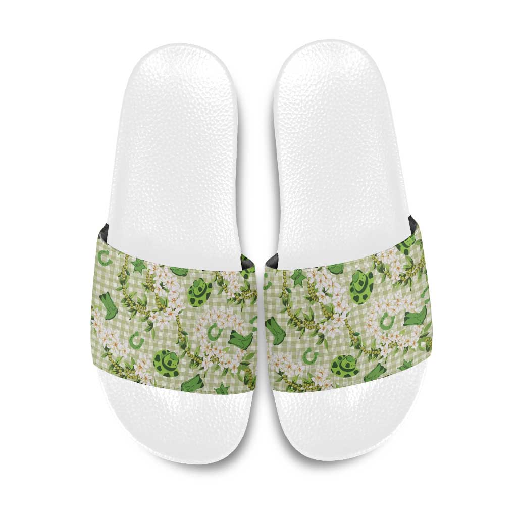 Mokihana Maile Ilima Leis Paniolo Palaka Slide Sandals Hawaiian Omaomo Ala Spirit LT9 Green - Polynesian Pride