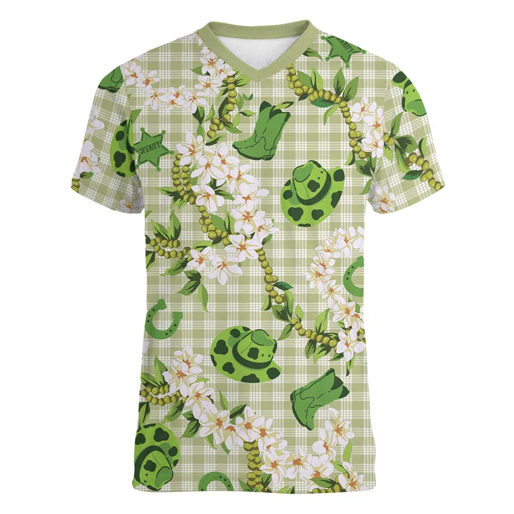 Mokihana Maile Ilima Leis Paniolo Palaka Women V-Neck T-Shirt Hawaiian Omaomo Ala Spirit - Polynesian Pride