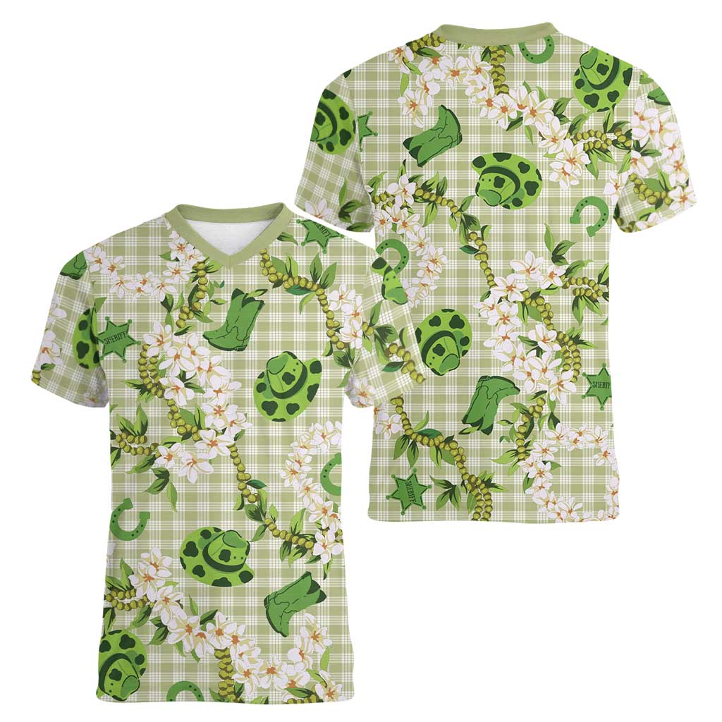 Mokihana Maile Ilima Leis Paniolo Palaka Women V-Neck T-Shirt Hawaiian Omaomo Ala Spirit LT9 - Polynesian Pride