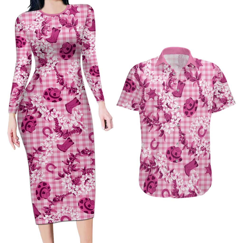 Mokihana Maile Ilima Leis Paniolo Palaka Couples Matching Long Sleeve Bodycon Dress and Hawaiian Shirt Hawaiian Omaomo Ulaula Spirit - Polynesian Pride