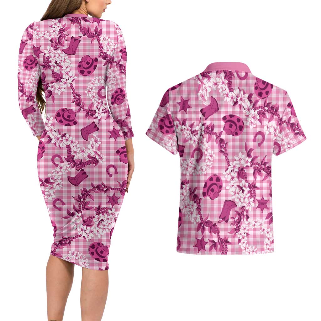 Mokihana Maile Ilima Leis Paniolo Palaka Couples Matching Long Sleeve Bodycon Dress and Hawaiian Shirt Hawaiian Omaomo Ulaula Spirit LT9 - Polynesian Pride