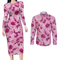 Mokihana Maile Ilima Leis Paniolo Palaka Couples Matching Long Sleeve Bodycon Dress and Long Sleeve Button Shirt Hawaiian Omaomo Ulaula Spirit LT9 Pink - Polynesian Pride