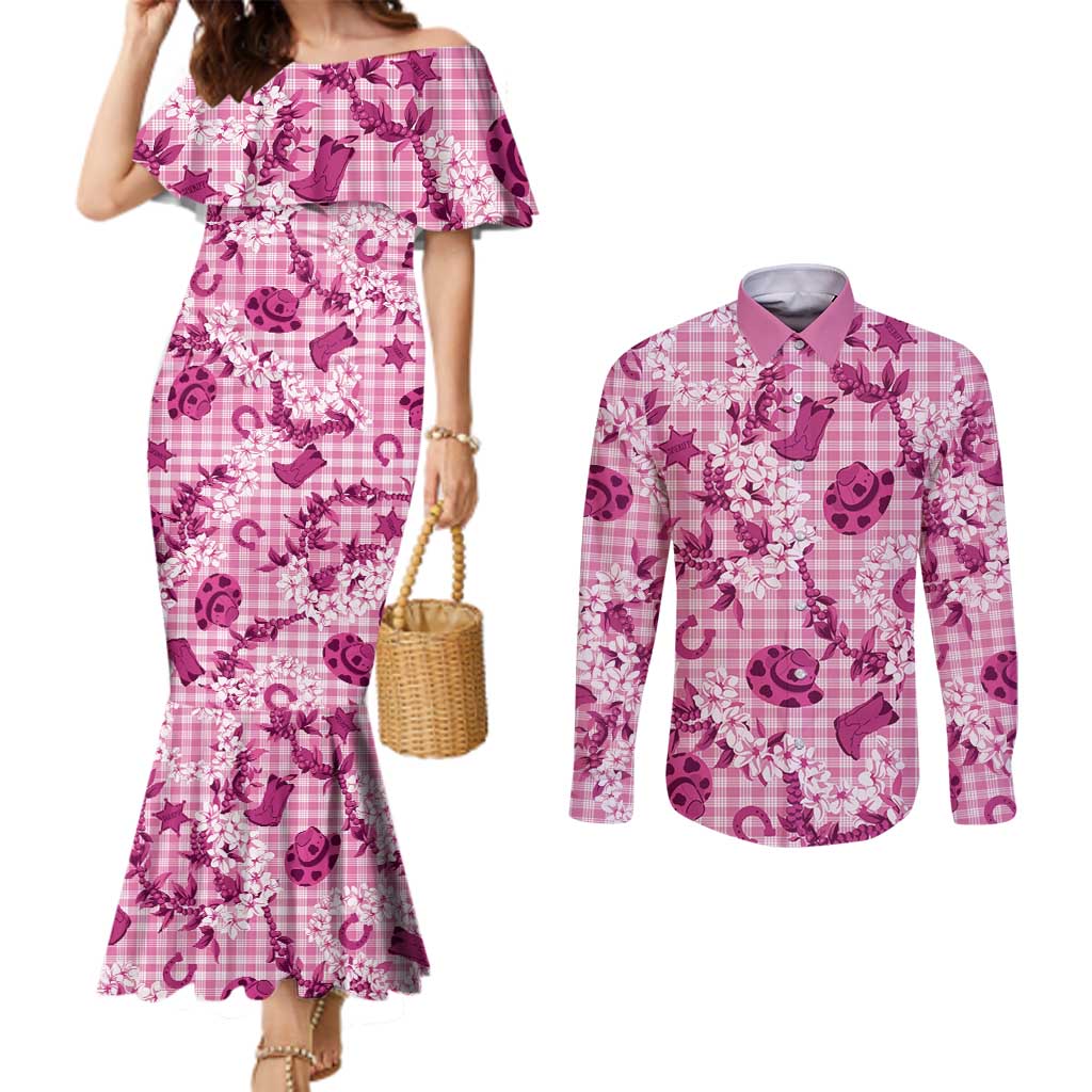 Mokihana Maile Ilima Leis Paniolo Palaka Couples Matching Mermaid Dress and Long Sleeve Button Shirt Hawaiian Omaomo Ulaula Spirit - Polynesian Pride