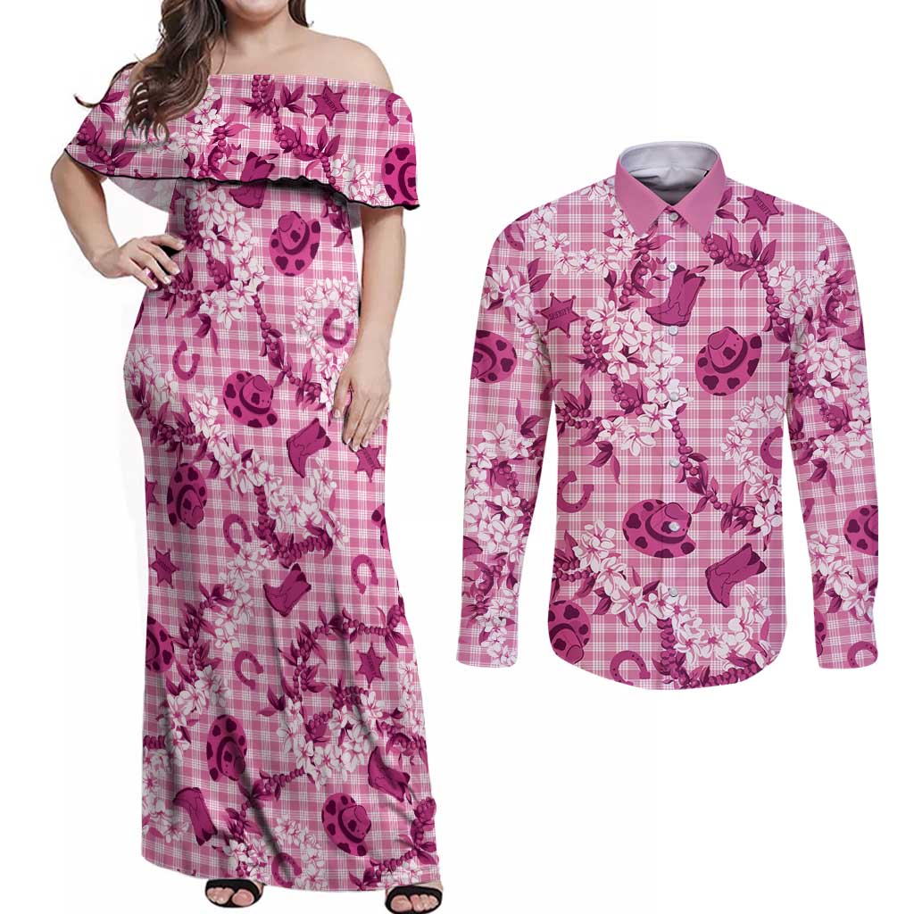 Mokihana Maile Ilima Leis Paniolo Palaka Couples Matching Off Shoulder Maxi Dress and Long Sleeve Button Shirt Hawaiian Omaomo Ulaula Spirit - Polynesian Pride
