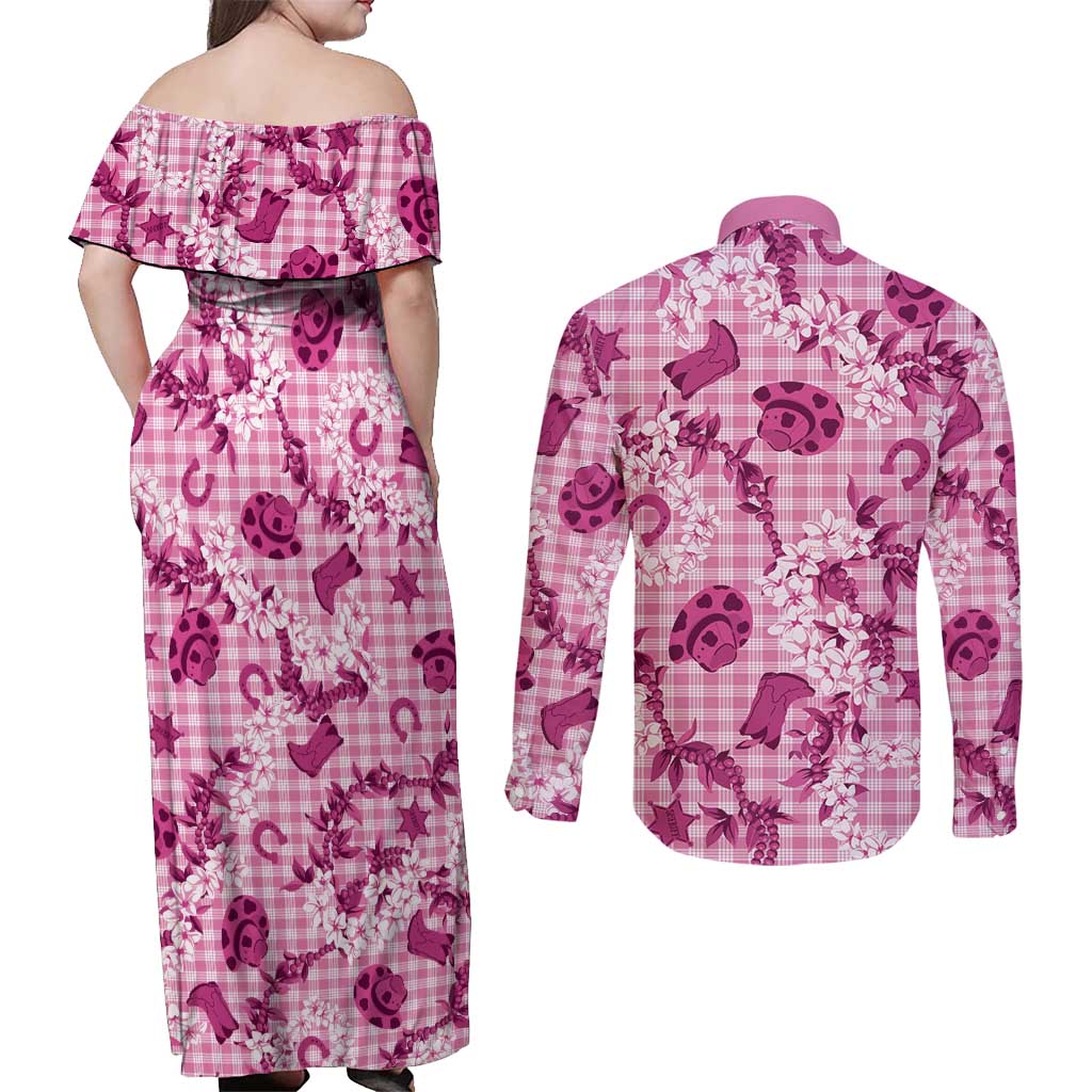 Mokihana Maile Ilima Leis Paniolo Palaka Couples Matching Off Shoulder Maxi Dress and Long Sleeve Button Shirt Hawaiian Omaomo Ulaula Spirit LT9 - Polynesian Pride