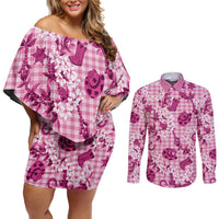 Mokihana Maile Ilima Leis Paniolo Palaka Couples Matching Off Shoulder Short Dress and Long Sleeve Button Shirt Hawaiian Omaomo Ulaula Spirit LT9 Pink - Polynesian Pride