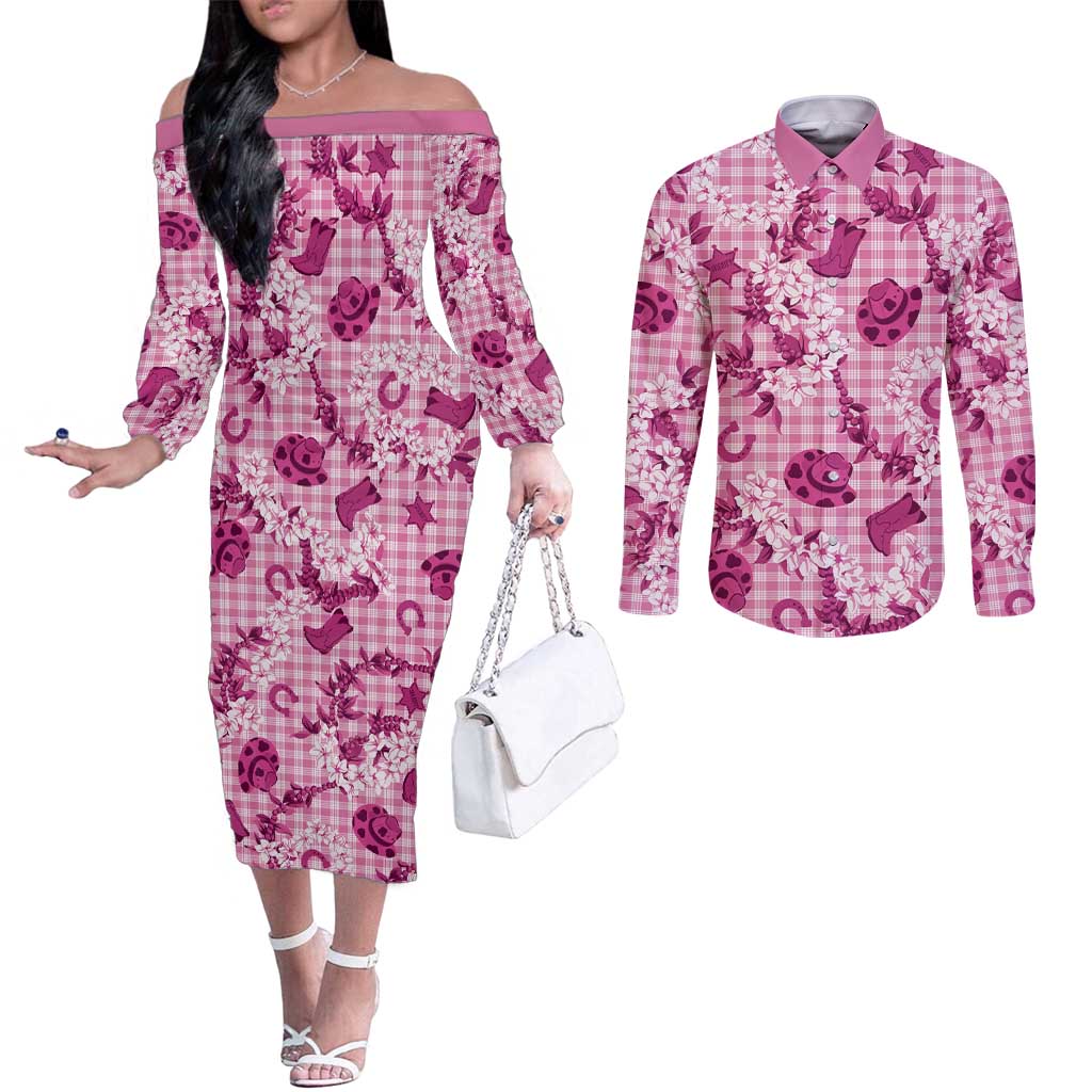 Mokihana Maile Ilima Leis Paniolo Palaka Couples Matching Off The Shoulder Long Sleeve Dress and Long Sleeve Button Shirt Hawaiian Omaomo Ulaula Spirit - Polynesian Pride