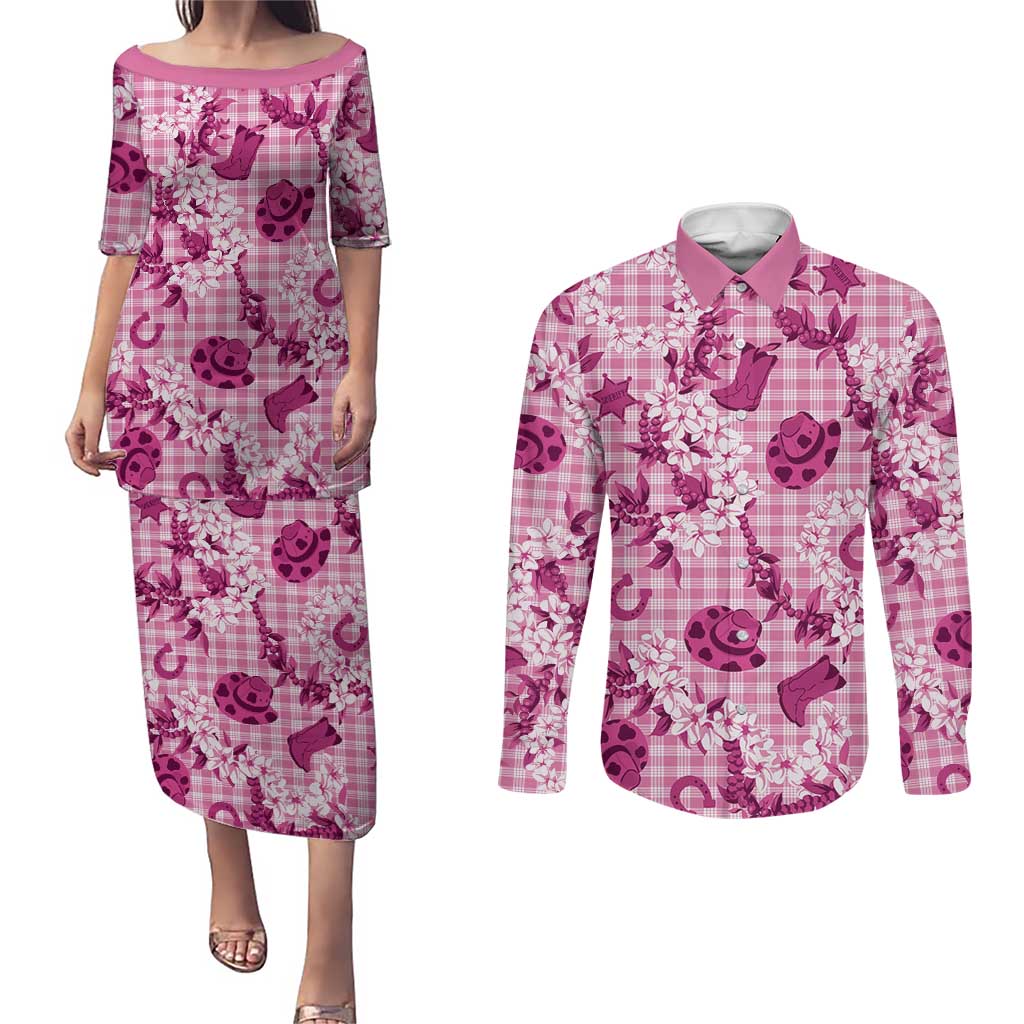 Mokihana Maile Ilima Leis Paniolo Palaka Couples Matching Puletasi and Long Sleeve Button Shirt Hawaiian Omaomo Ulaula Spirit LT9 Pink - Polynesian Pride
