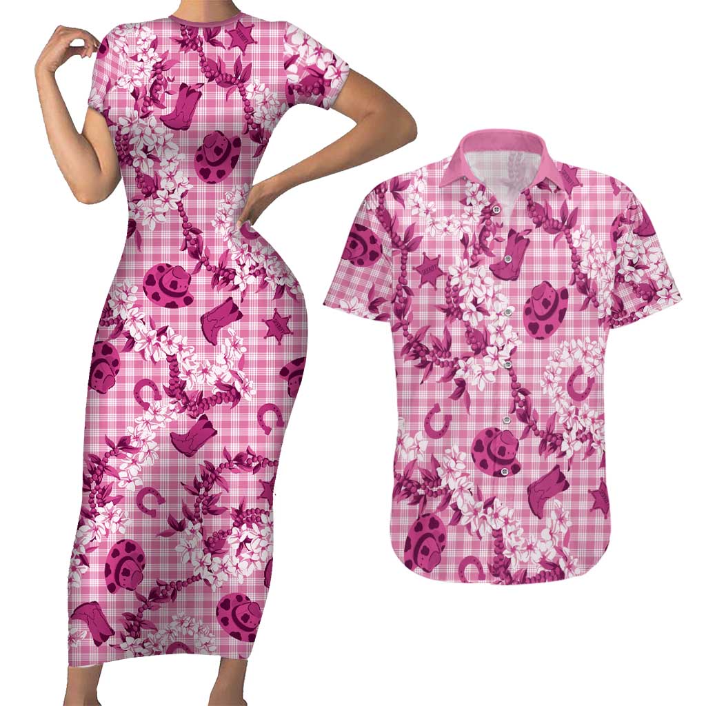 Mokihana Maile Ilima Leis Paniolo Palaka Couples Matching Short Sleeve Bodycon Dress and Hawaiian Shirt Hawaiian Omaomo Ulaula Spirit LT9 Pink - Polynesian Pride