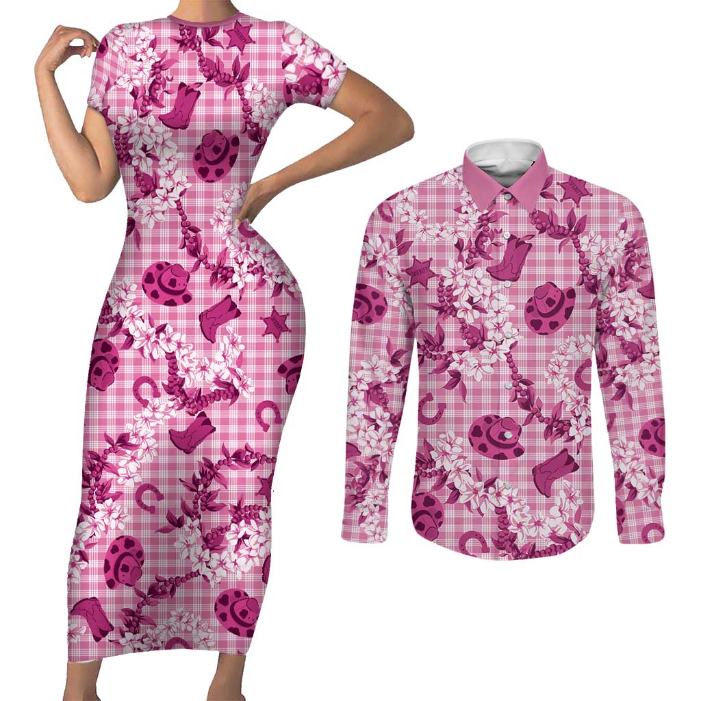Mokihana Maile Ilima Leis Paniolo Palaka Couples Matching Short Sleeve Bodycon Dress and Long Sleeve Button Shirt Hawaiian Omaomo Ulaula Spirit LT9 Pink - Polynesian Pride