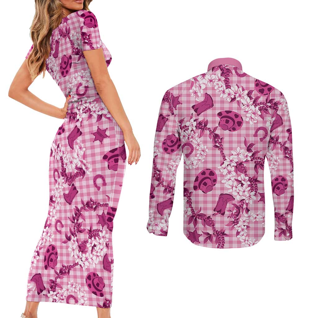 Mokihana Maile Ilima Leis Paniolo Palaka Couples Matching Short Sleeve Bodycon Dress and Long Sleeve Button Shirt Hawaiian Omaomo Ulaula Spirit LT9 - Polynesian Pride