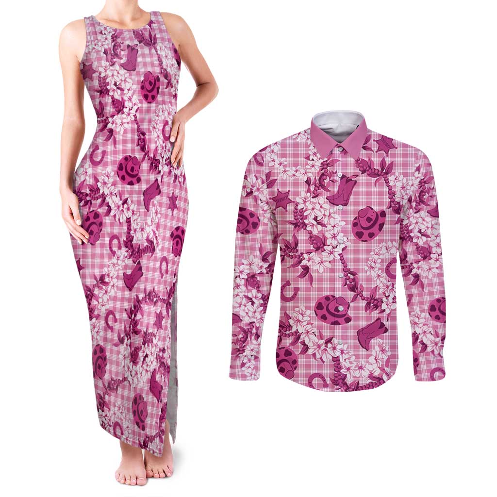 Mokihana Maile Ilima Leis Paniolo Palaka Couples Matching Tank Maxi Dress and Long Sleeve Button Shirt Hawaiian Omaomo Ulaula Spirit LT9 Pink - Polynesian Pride