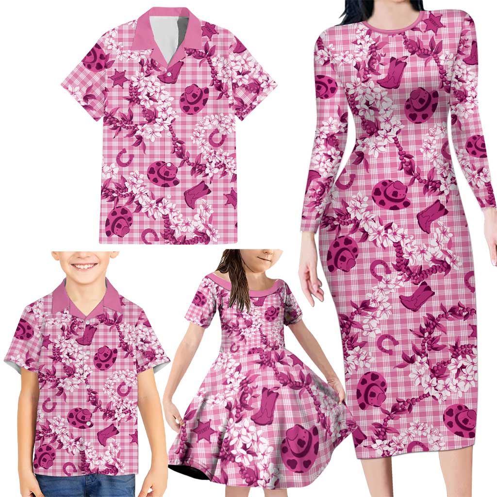 Mokihana Maile Ilima Leis Paniolo Palaka Family Matching Long Sleeve Bodycon Dress and Hawaiian Shirt Hawaiian Omaomo Ulaula Spirit - Polynesian Pride