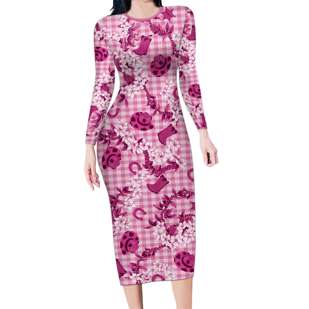 Mokihana Maile Ilima Leis Paniolo Palaka Family Matching Long Sleeve Bodycon Dress and Hawaiian Shirt Hawaiian Omaomo Ulaula Spirit LT9 Pink - Polynesian Pride
