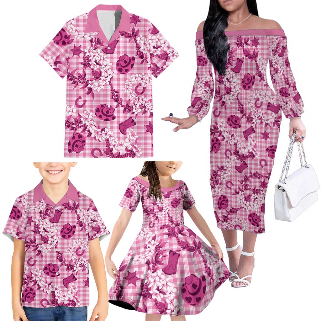 Mokihana Maile Ilima Leis Paniolo Palaka Family Matching Off The Shoulder Long Sleeve Dress and Hawaiian Shirt Hawaiian Omaomo Ulaula Spirit - Polynesian Pride