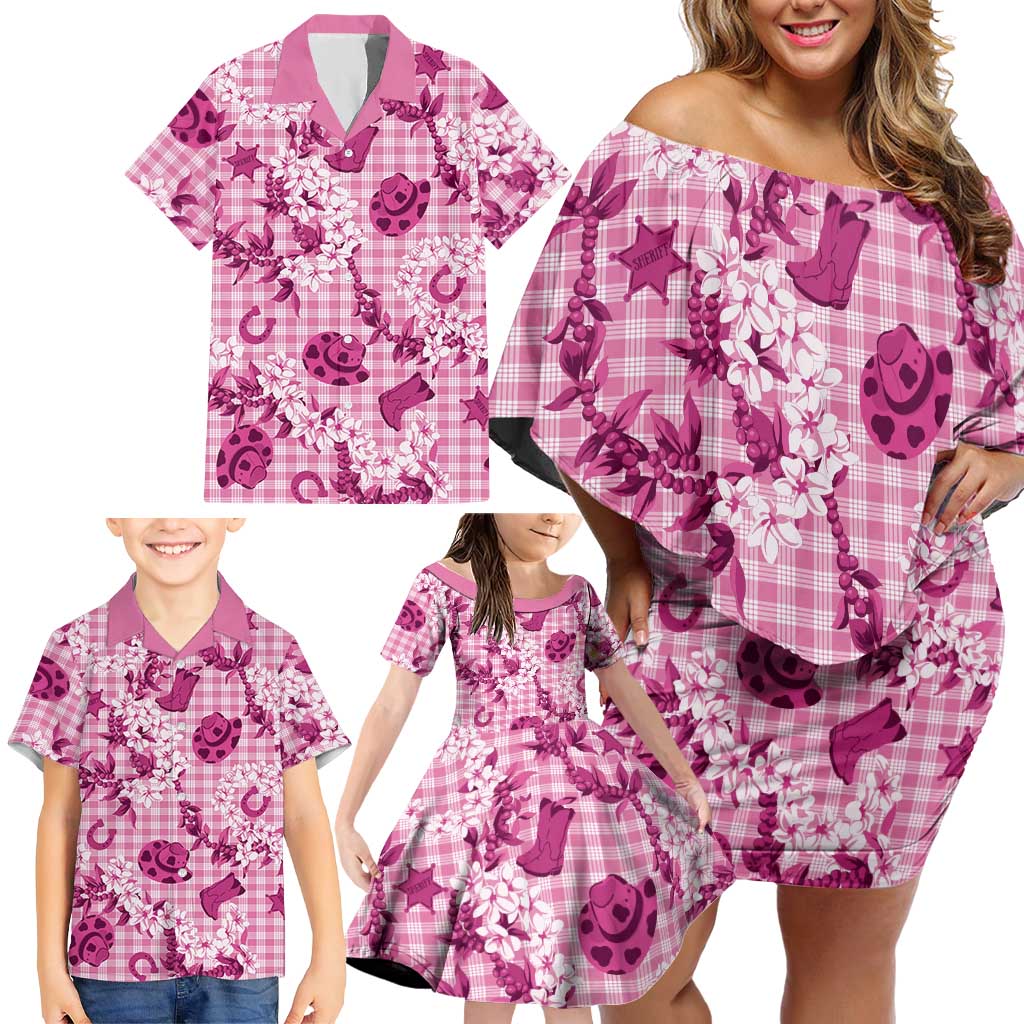 Mokihana Maile Ilima Leis Paniolo Palaka Family Matching Off Shoulder Short Dress and Hawaiian Shirt Hawaiian Omaomo Ulaula Spirit - Polynesian Pride