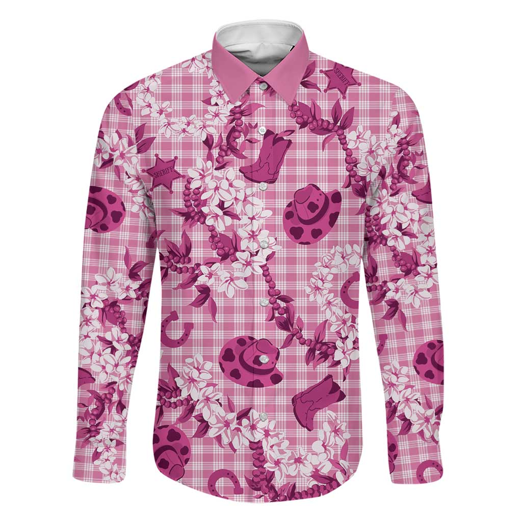Mokihana Maile Ilima Leis Paniolo Palaka Family Matching Off Shoulder Short Dress and Hawaiian Shirt Hawaiian Omaomo Ulaula Spirit LT9 Dad's Shirt - Long Sleeve Pink - Polynesian Pride