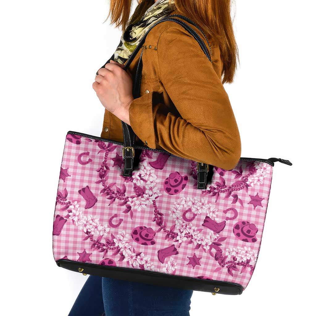 Mokihana Maile Ilima Leis Paniolo Palaka Leather Tote Bag Hawaiian Omaomo Ulaula Spirit LT9 Pink - Polynesian Pride