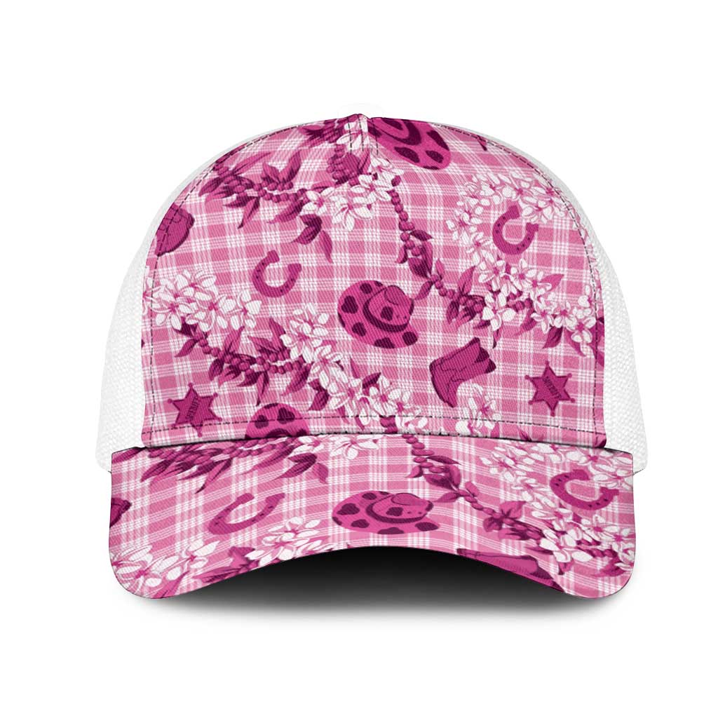 Mokihana Maile Ilima Leis Paniolo Palaka Mesh Trucker Cap Hawaiian Omaomo Ulaula Spirit LT9 One Size White Pink - Polynesian Pride