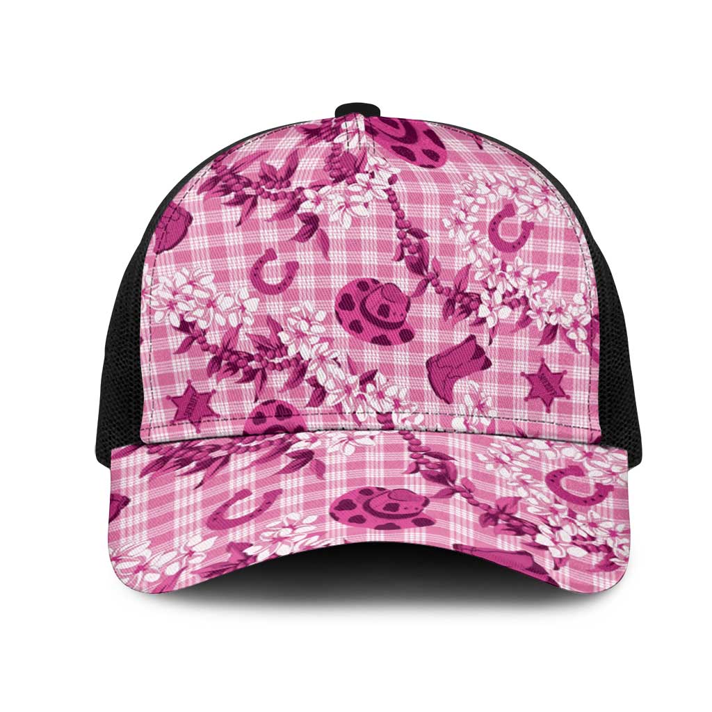 Mokihana Maile Ilima Leis Paniolo Palaka Mesh Trucker Cap Hawaiian Omaomo Ulaula Spirit LT9 One Size Black Pink - Polynesian Pride