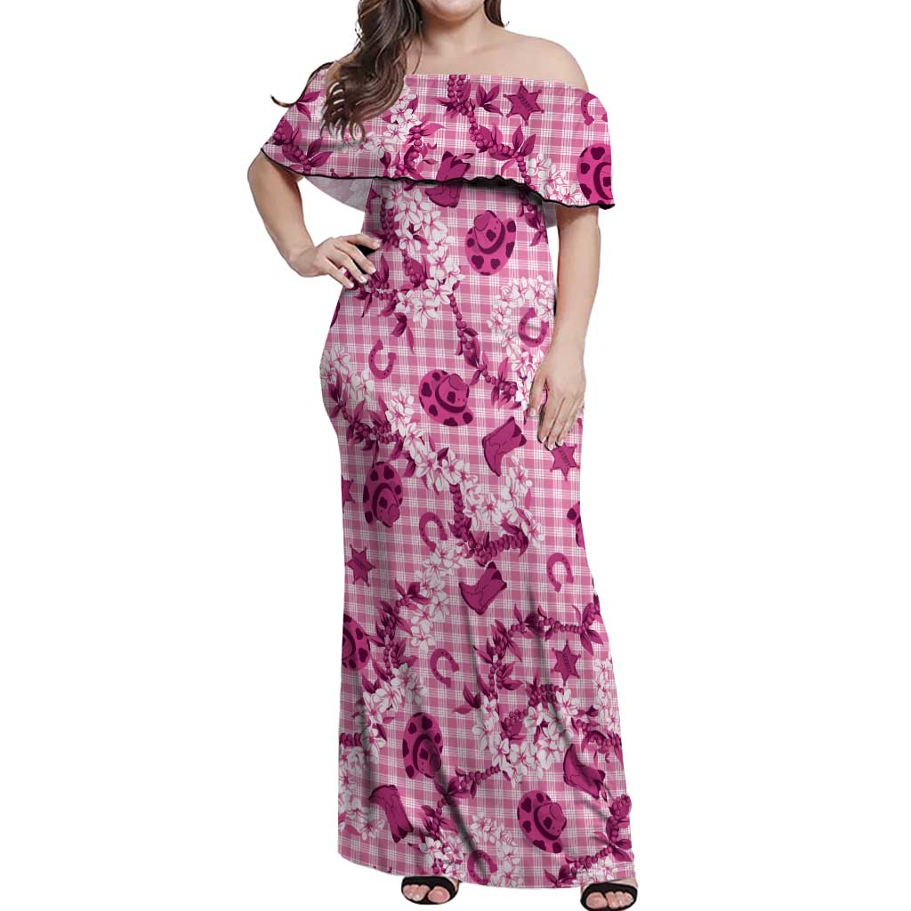 Mokihana Maile Ilima Leis Paniolo Palaka Off Shoulder Maxi Dress Hawaiian Omaomo Ulaula Spirit LT9 Women Pink - Polynesian Pride