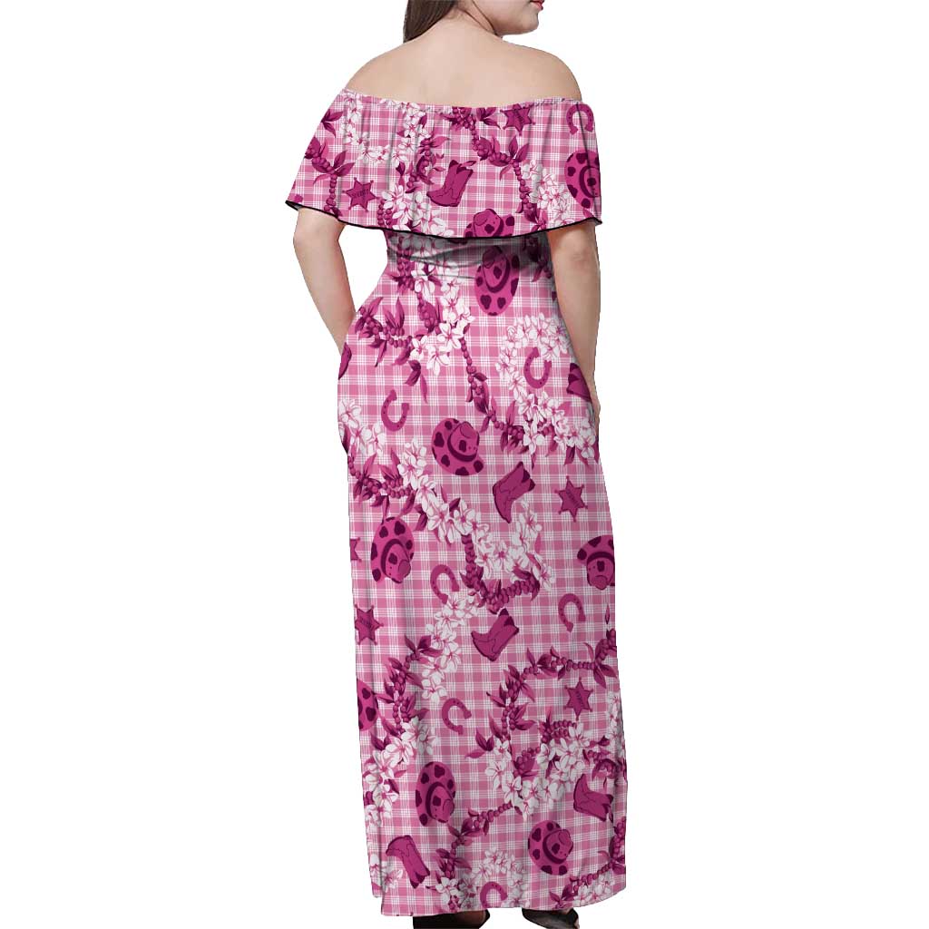 Mokihana Maile Ilima Leis Paniolo Palaka Off Shoulder Maxi Dress Hawaiian Omaomo Ulaula Spirit LT9 - Polynesian Pride