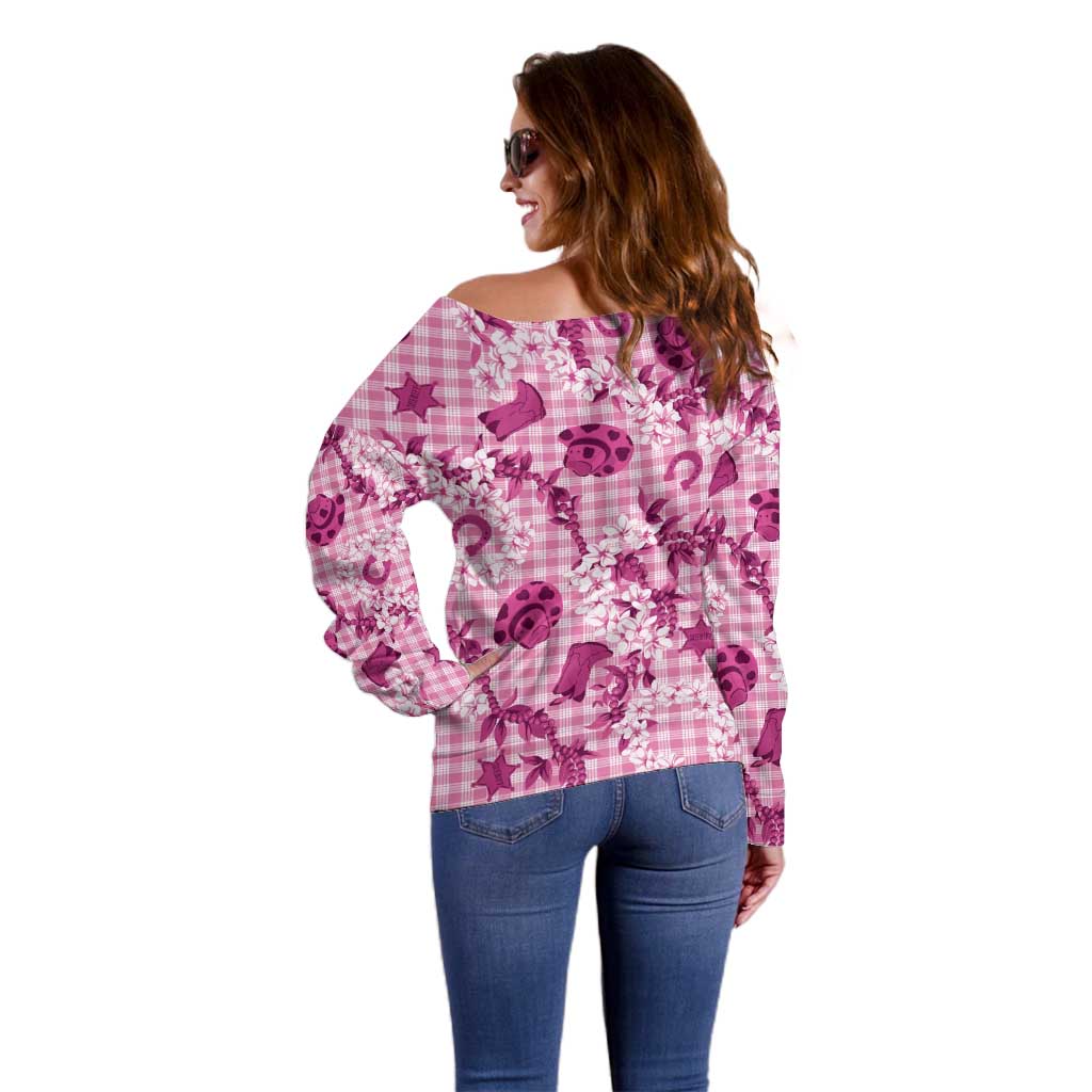 Mokihana Maile Ilima Leis Paniolo Palaka Off Shoulder Sweater Hawaiian Omaomo Ulaula Spirit LT9 - Polynesian Pride