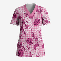 Mokihana Maile Ilima Leis Paniolo Palaka Scrub Top Hawaiian Omaomo Ulaula Spirit LT9 Adult Pink - Polynesian Pride