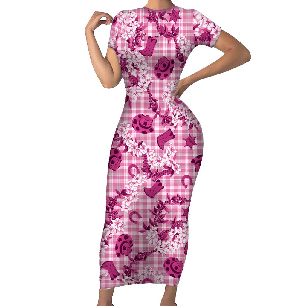 Mokihana Maile Ilima Leis Paniolo Palaka Short Sleeve Bodycon Dress Hawaiian Omaomo Ulaula Spirit - Polynesian Pride