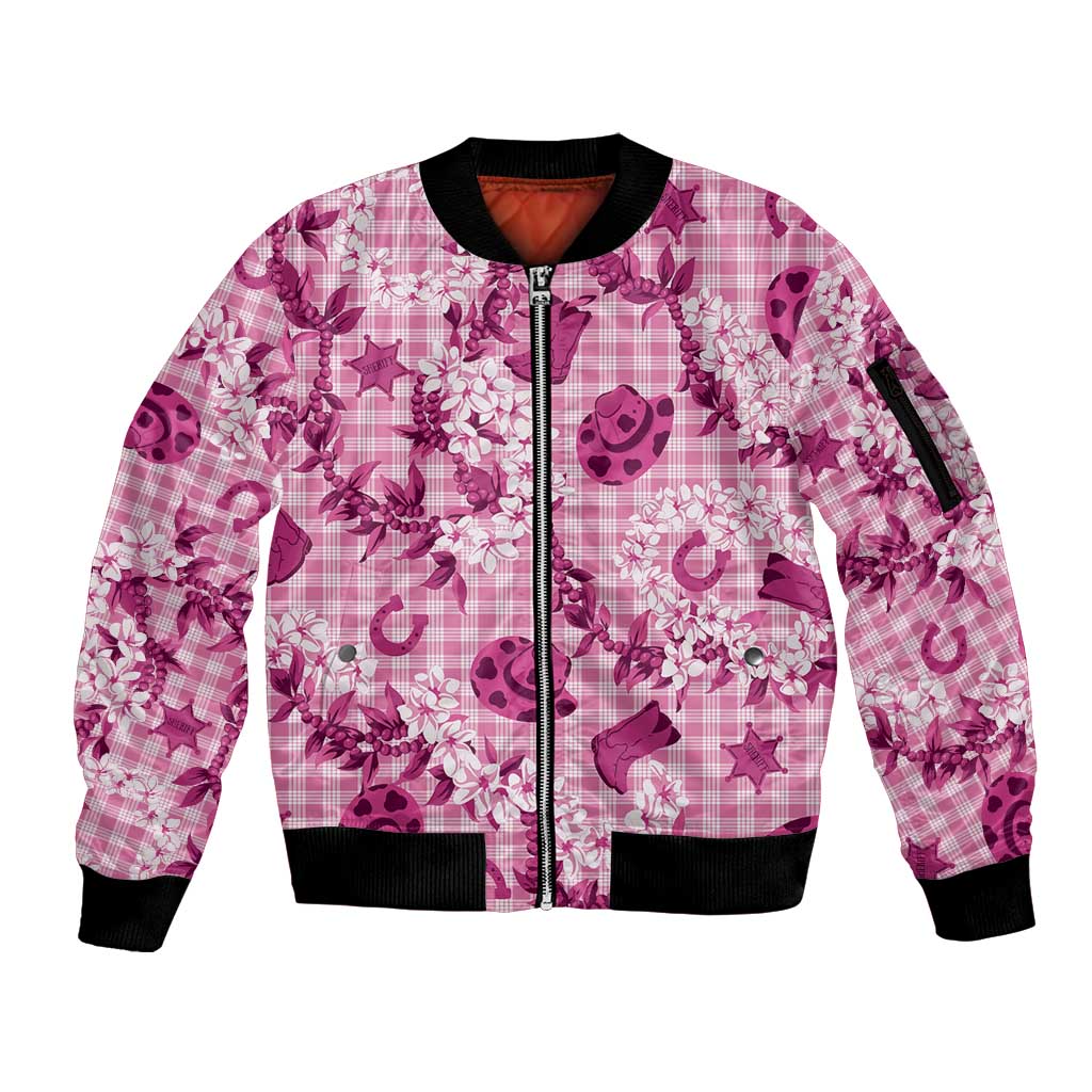 Mokihana Maile Ilima Leis Paniolo Palaka Sleeve Zip Bomber Jacket Hawaiian Omaomo Ulaula Spirit LT9 Unisex Pink - Polynesian Pride