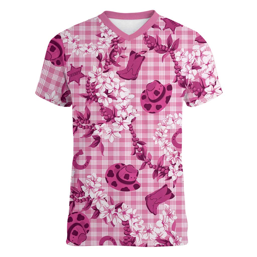 Mokihana Maile Ilima Leis Paniolo Palaka Women V-Neck T-Shirt Hawaiian Omaomo Ulaula Spirit LT9 Female Pink - Polynesian Pride