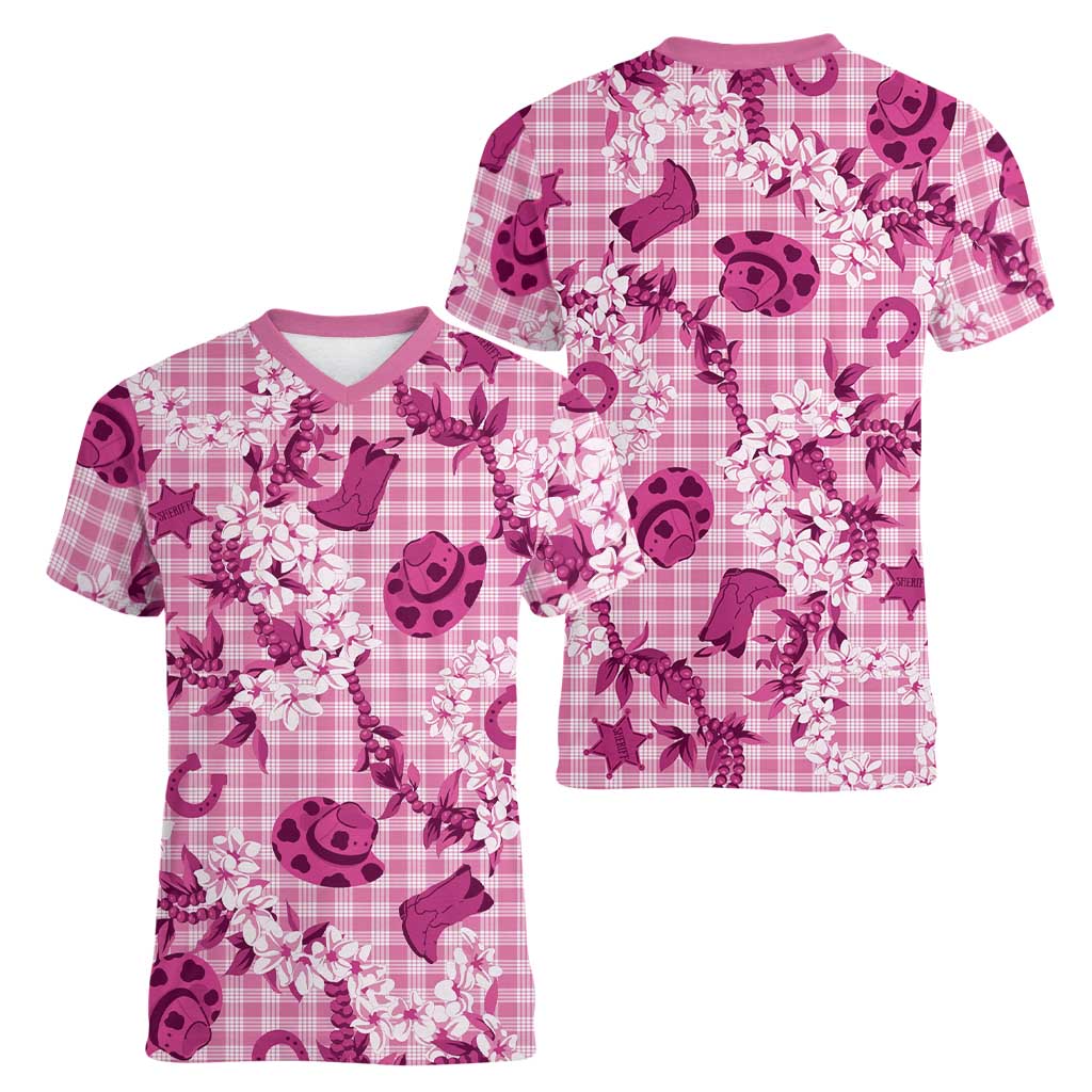 Mokihana Maile Ilima Leis Paniolo Palaka Women V-Neck T-Shirt Hawaiian Omaomo Ulaula Spirit LT9 - Polynesian Pride