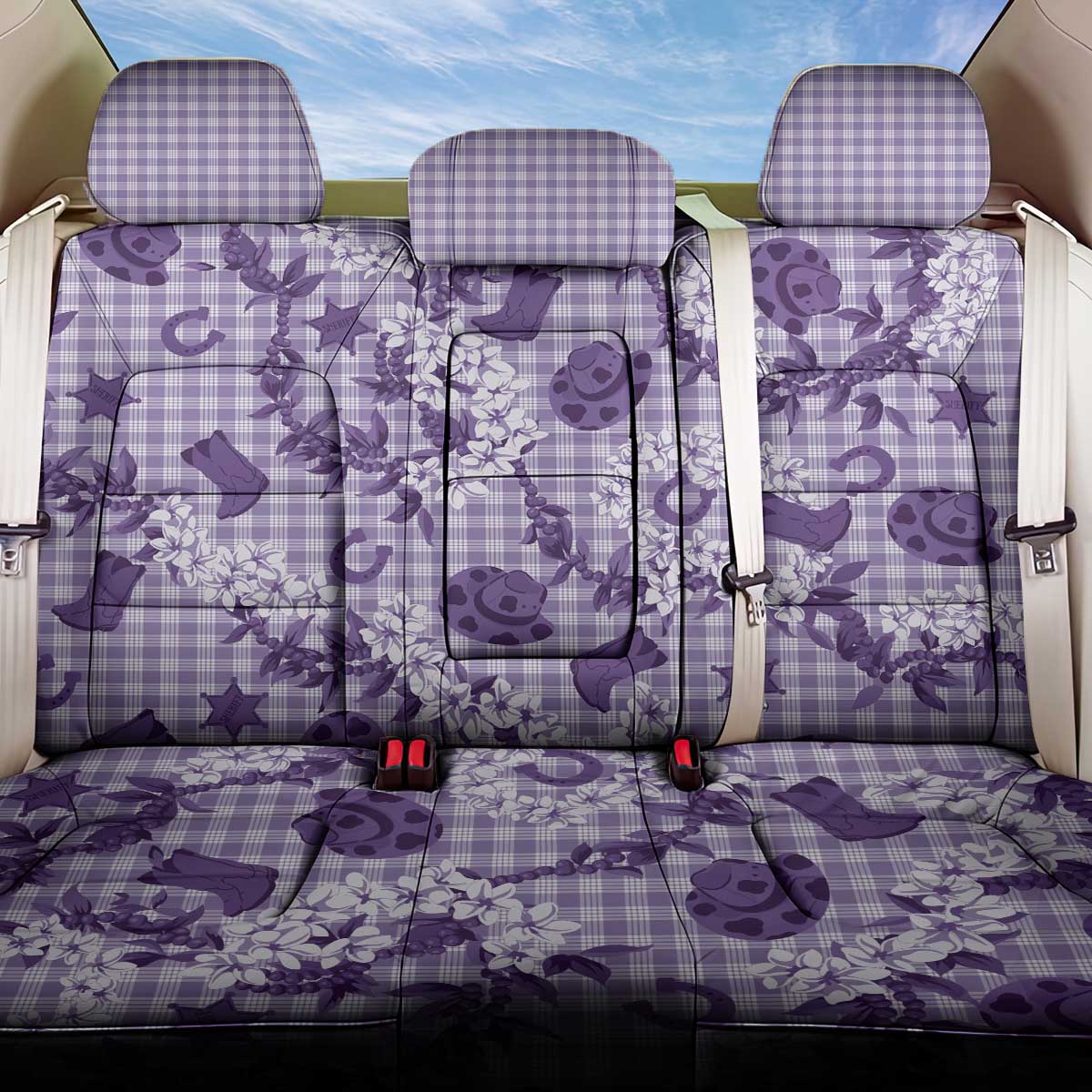 Mokihana Maile Ilima Leis Paniolo Palaka Back Car Seat Cover Hawaiian Poni Spirit LT9 One Size Purple - Polynesian Pride