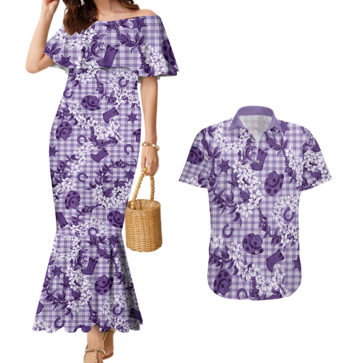 Mokihana Maile Ilima Leis Paniolo Palaka Couples Matching Mermaid Dress and Hawaiian Shirt Hawaiian Poni Spirit - Polynesian Pride