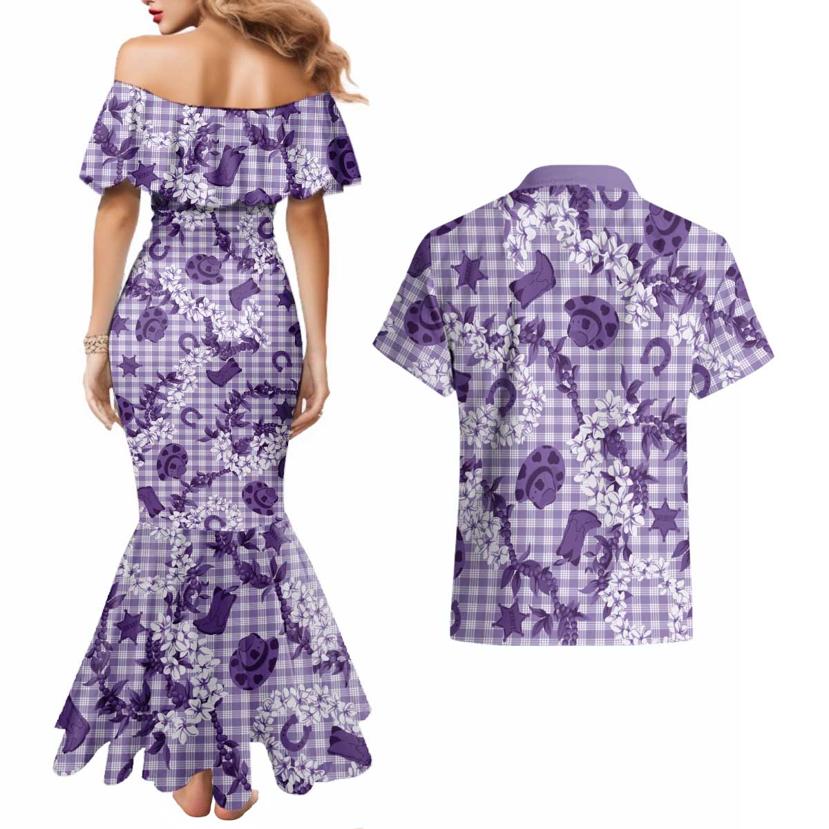 Mokihana Maile Ilima Leis Paniolo Palaka Couples Matching Mermaid Dress and Hawaiian Shirt Hawaiian Poni Spirit LT9 - Polynesian Pride