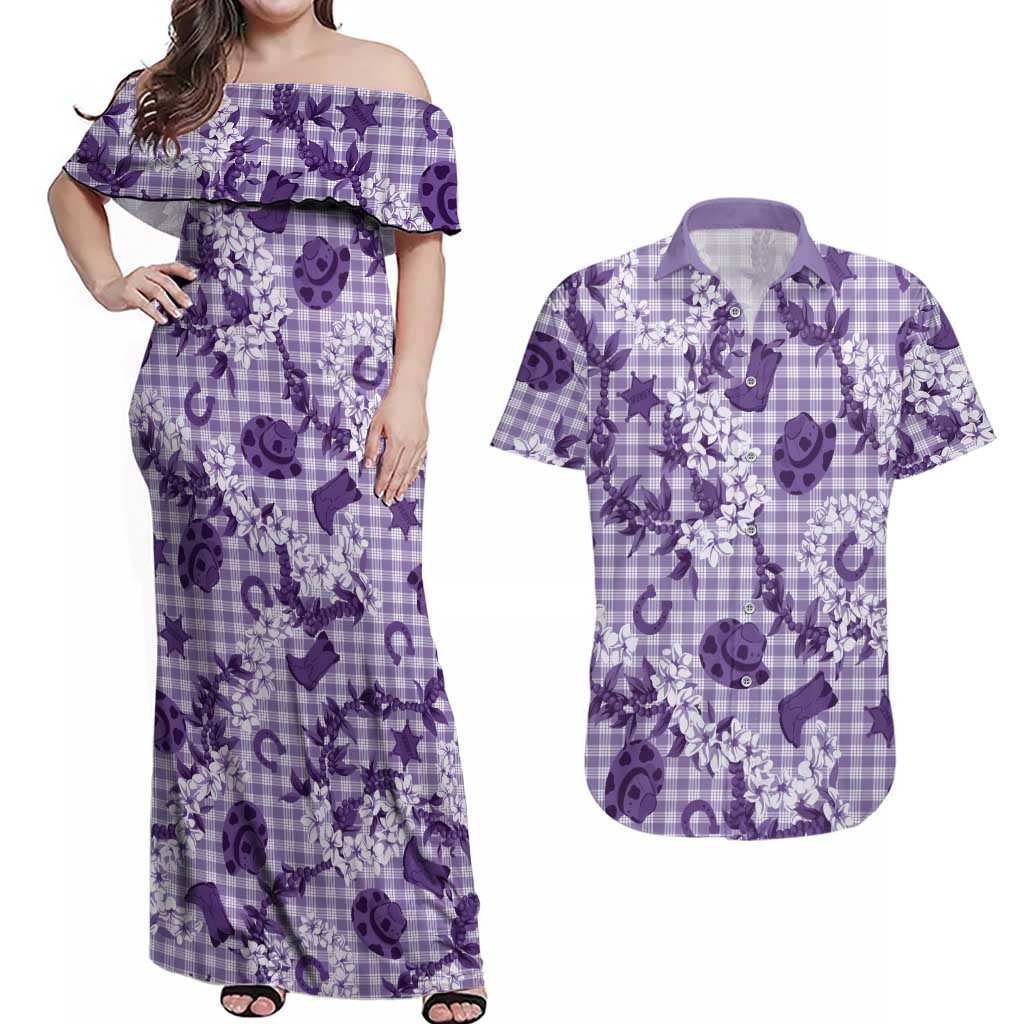 Mokihana Maile Ilima Leis Paniolo Palaka Couples Matching Off Shoulder Maxi Dress and Hawaiian Shirt Hawaiian Poni Spirit - Polynesian Pride