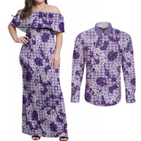 Mokihana Maile Ilima Leis Paniolo Palaka Couples Matching Off Shoulder Maxi Dress and Long Sleeve Button Shirt Hawaiian Poni Spirit LT9 Purple - Polynesian Pride