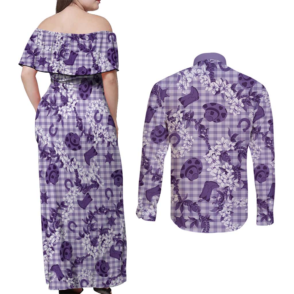 Mokihana Maile Ilima Leis Paniolo Palaka Couples Matching Off Shoulder Maxi Dress and Long Sleeve Button Shirt Hawaiian Poni Spirit LT9 - Polynesian Pride