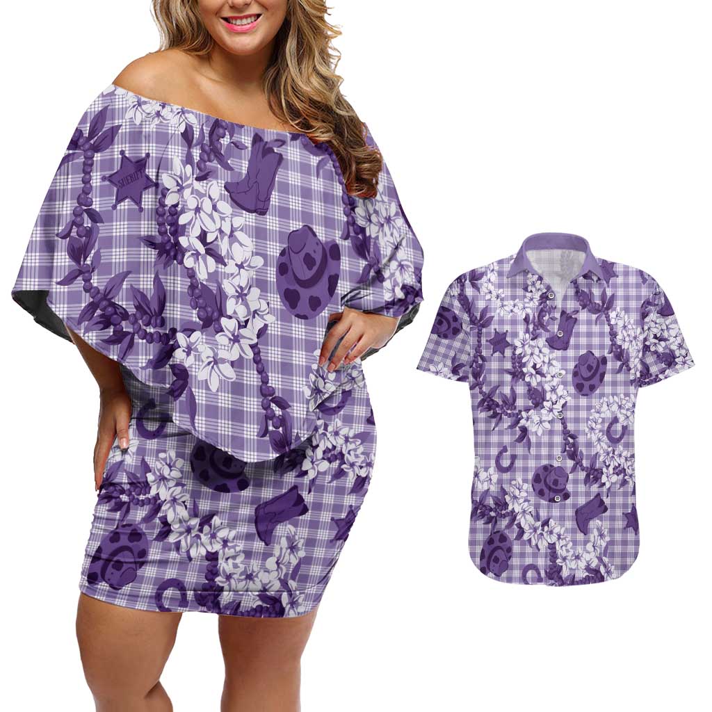 Mokihana Maile Ilima Leis Paniolo Palaka Couples Matching Off Shoulder Short Dress and Hawaiian Shirt Hawaiian Poni Spirit LT9 Purple - Polynesian Pride